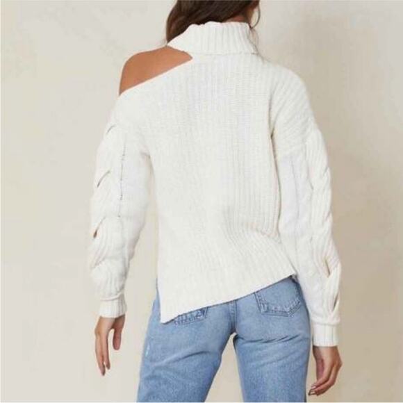 Jonathan Simkhai Aubrey Cable Knit Cold‑Shoulder Sweater Ivory Cream Turtleneck - Picture 4 of 15